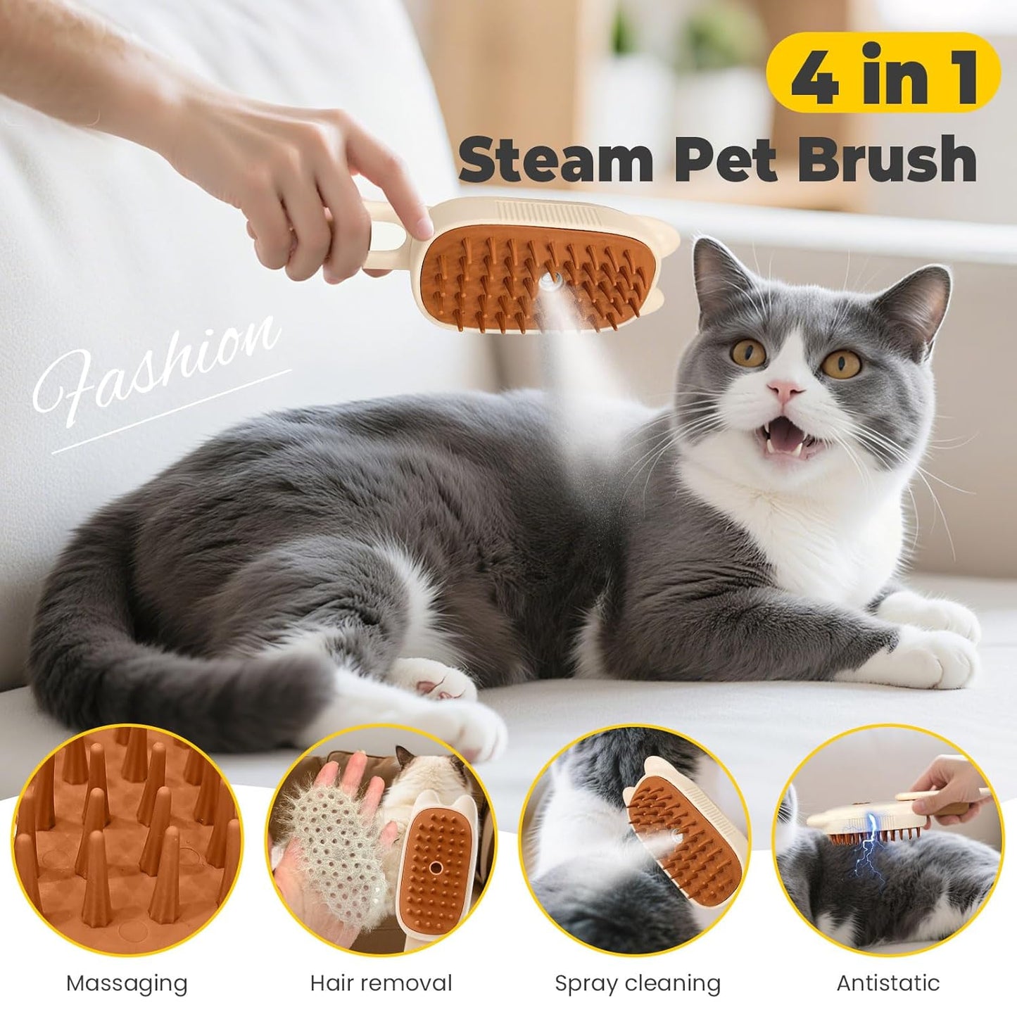The Ultimate Cat & Dog Grooming Tool: 4-in-1 Rechargeable Steam Brush for Effortless Shedding, Massage & Hair Removal