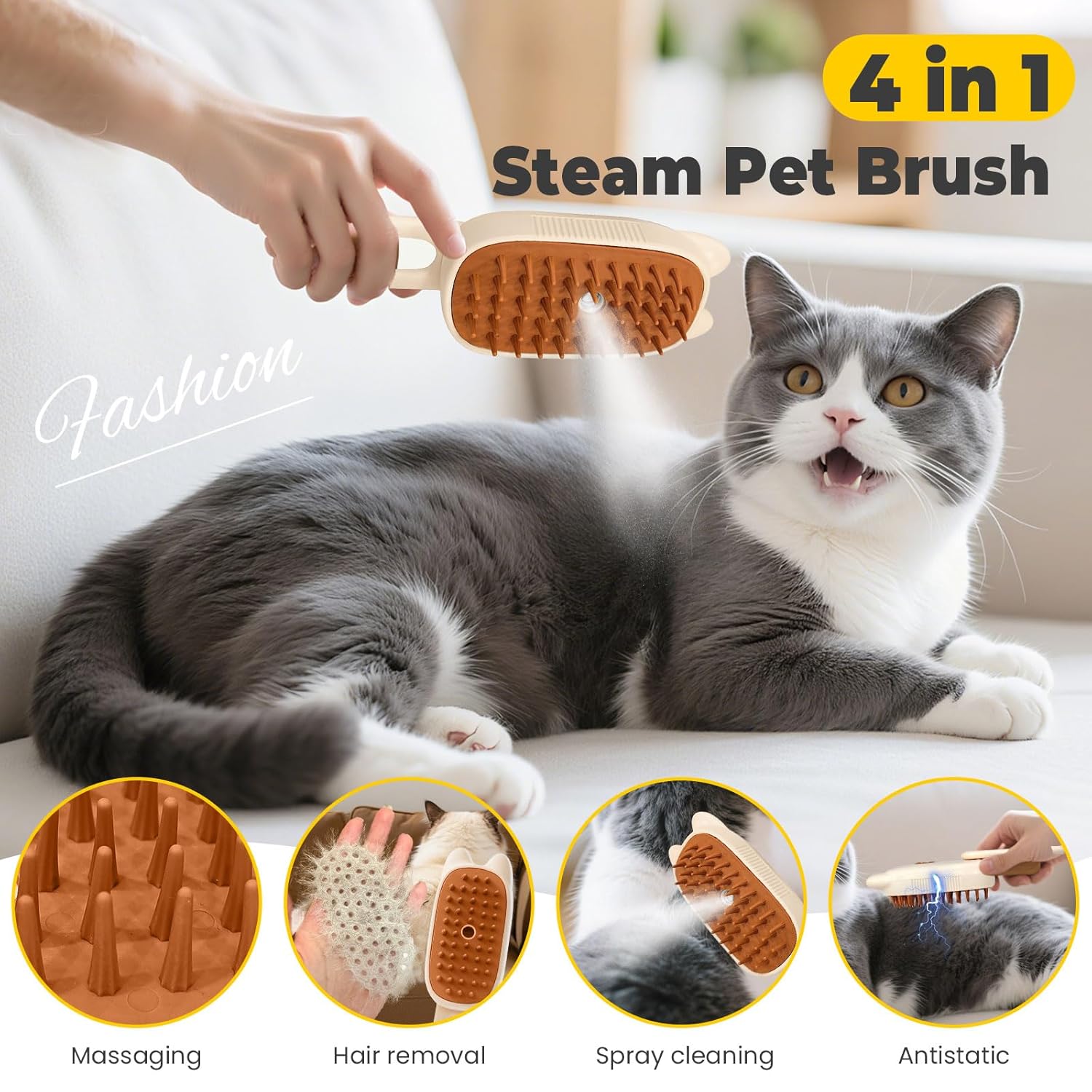The Ultimate Cat & Dog Grooming Tool: 4-in-1 Rechargeable Steam Brush for Effortless Shedding, Massage & Hair Removal